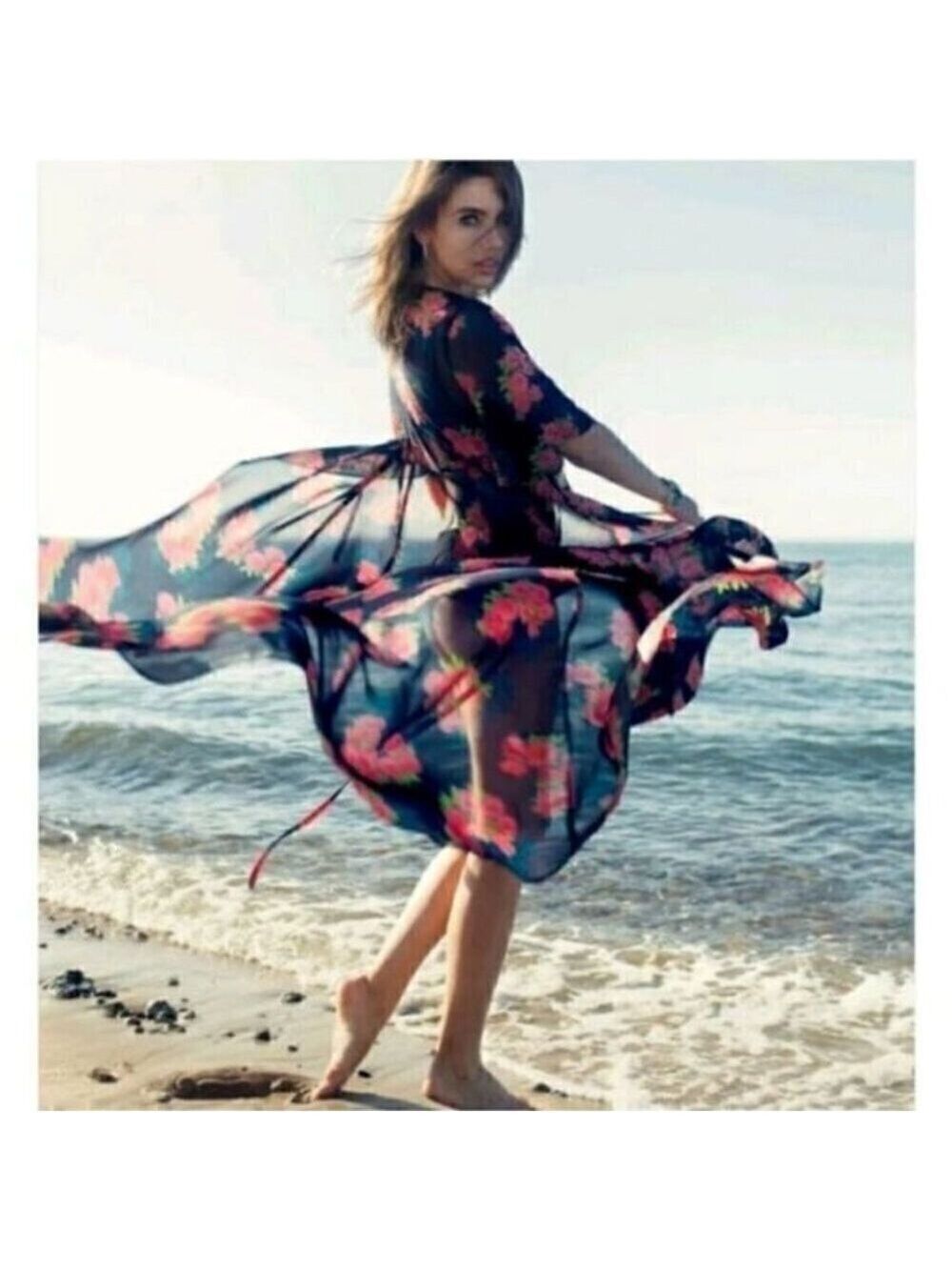 Zara Blue Maxi Wrap Dress Sheer Floral Chiffon V-Neck Short Flutter Sleeve S - Picture 6 of 15